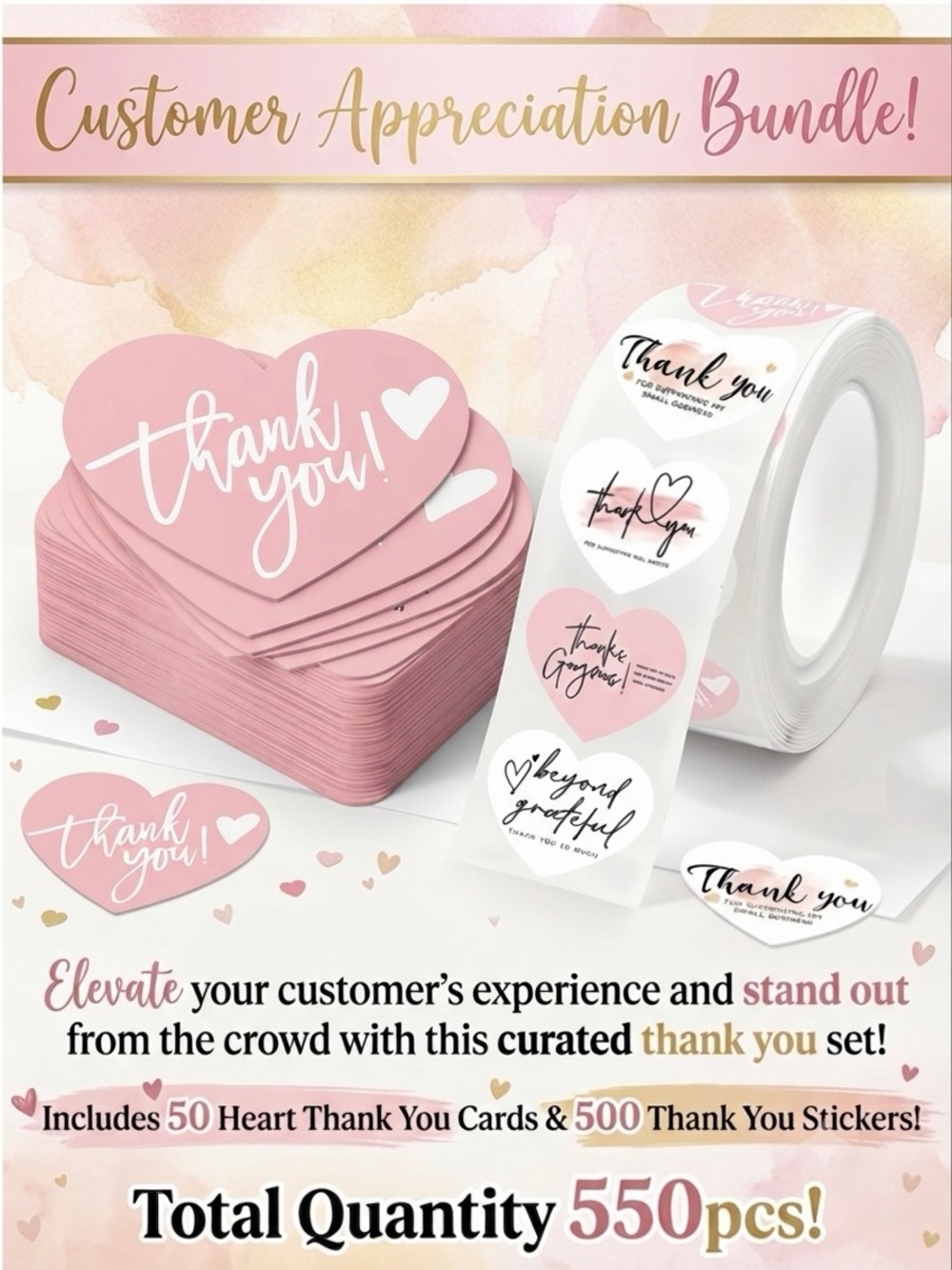 550 pcs Customer Appreciation Bundle - 50 Thank You Cards & 500 Stickers